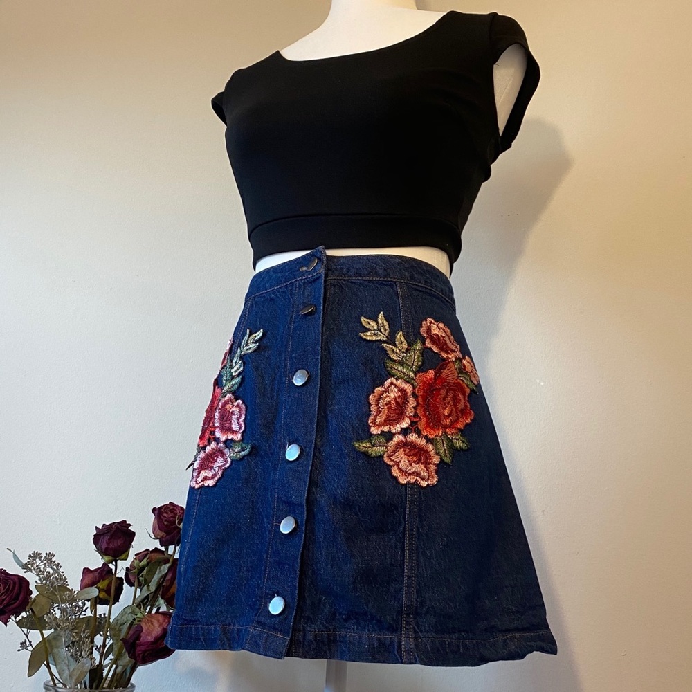 Embroidered Floral Button Up Denim Skirt